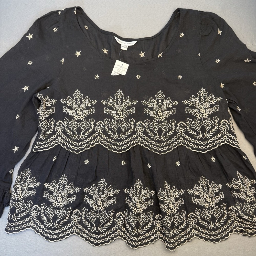 NEW American Eagle Women's Boho Blouse Top Size M Black Embroidered NWT!